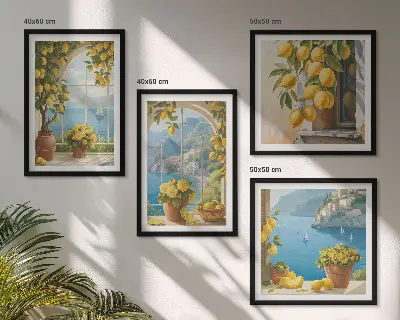 Wall art set featuring landscapes of the sea, lemons, and windows