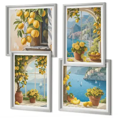 Wall art set featuring landscapes of the sea, lemons, and windows