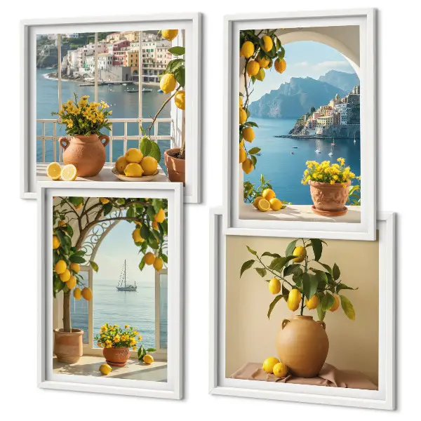 Sea town lemons and flowers wall art set set of 4 pieces