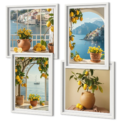 Set of 4 wall art pieces Sea town lemons flowers