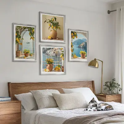 Sea town lemons and flowers wall art set set of 4 pieces