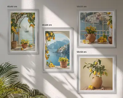 Sea town lemons and flowers wall art set set of 4 pieces