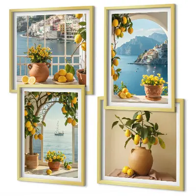 Sea town lemons and flowers wall art set set of 4 pieces
