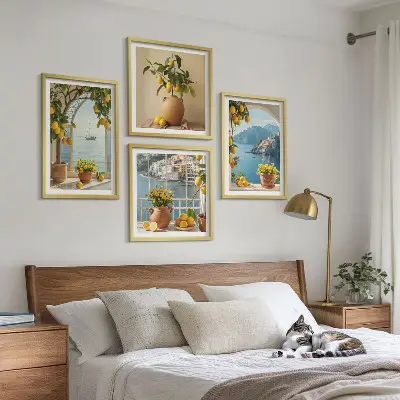 Sea town lemons and flowers wall art set set of 4 pieces