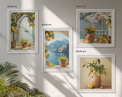 Sea town lemons and flowers wall art set set of 4 pieces