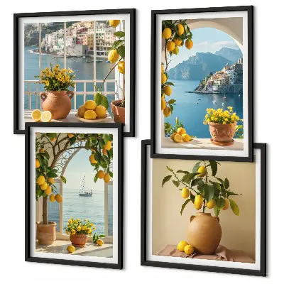 Sea town lemons and flowers wall art set set of 4 pieces