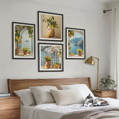 Sea town lemons and flowers wall art set set of 4 pieces