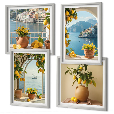 Set of 4 wall art pieces Sea town lemons flowers