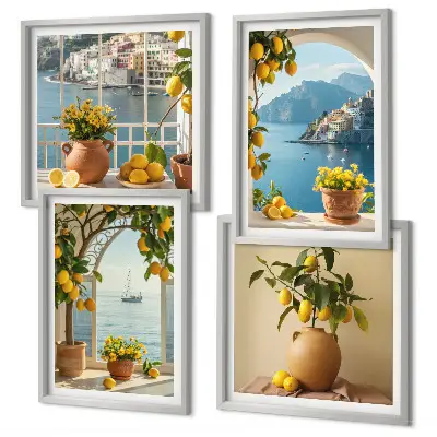 Sea town lemons and flowers wall art set set of 4 pieces