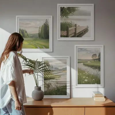 Wall art set summer landscapes of river meadows