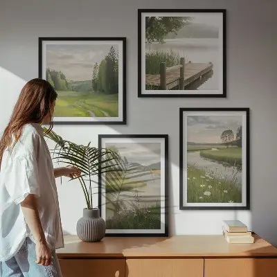 Wall art set summer landscapes of river meadows