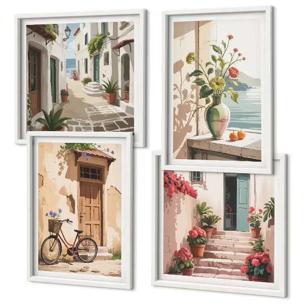 Set of 4 wall art pieces featuring painted streets with flowers and a bicycle