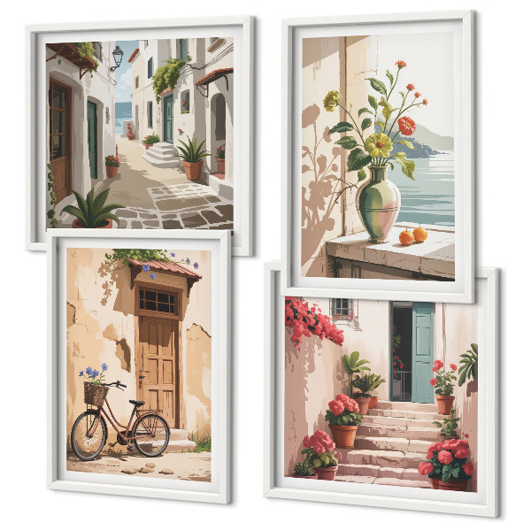 Set of 4 wall art pieces Streets flowers bicycle painted