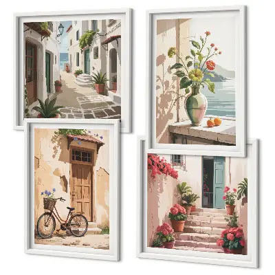 Set of 4 wall art pieces featuring painted streets with flowers and a bicycle