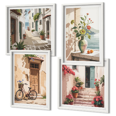Set of 4 wall art pieces Streets flowers bicycle painted