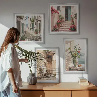 Set of 4 wall art pieces featuring painted streets with flowers and a bicycle