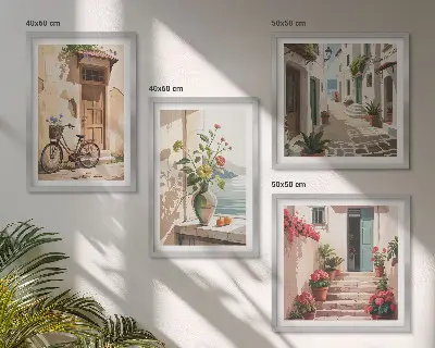 Set of 4 wall art pieces featuring painted streets with flowers and a bicycle