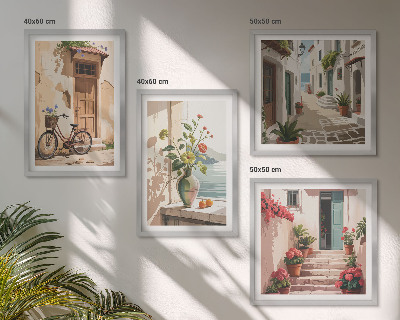 Set of 4 wall art pieces Streets flowers bicycle painted