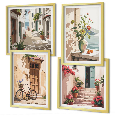 Set of 4 wall art pieces Streets flowers bicycle painted