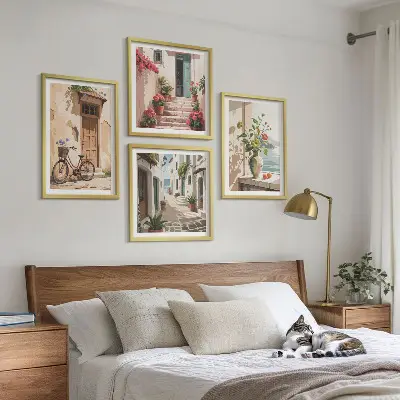 Set of 4 wall art pieces featuring painted streets with flowers and a bicycle