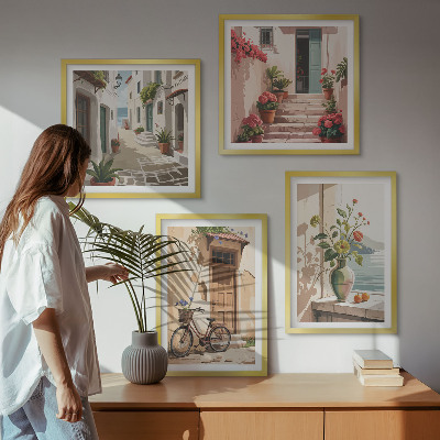 Set of 4 wall art pieces Streets flowers bicycle painted