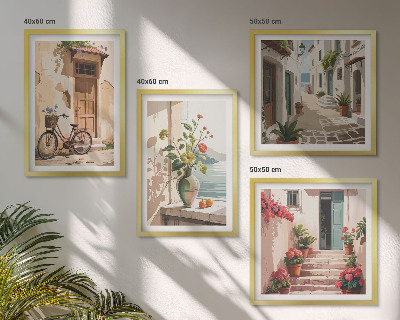 Set of 4 wall art pieces Streets flowers bicycle painted