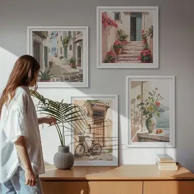 Set of 4 wall art pieces featuring painted streets with flowers and a bicycle