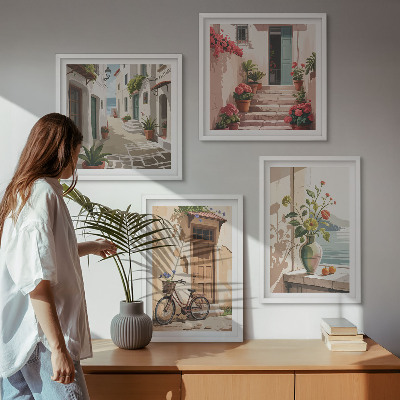 Set of 4 wall art pieces Streets flowers bicycle painted