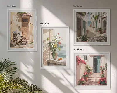 Set of 4 wall art pieces featuring painted streets with flowers and a bicycle