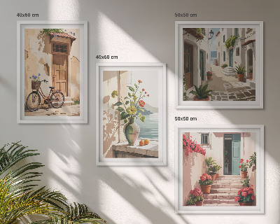 Set of 4 wall art pieces Streets flowers bicycle painted