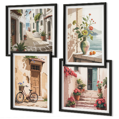 Set of 4 wall art pieces Streets flowers bicycle painted