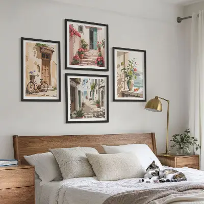 Set of 4 wall art pieces featuring painted streets with flowers and a bicycle