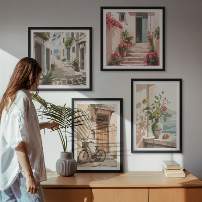 Set of 4 wall art pieces Streets flowers bicycle painted
