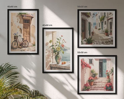 Set of 4 wall art pieces Streets flowers bicycle painted
