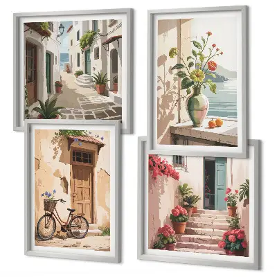 Set of 4 wall art pieces featuring painted streets with flowers and a bicycle