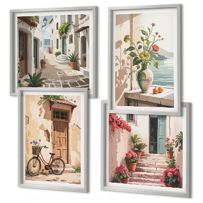 Set of 4 wall art pieces Streets flowers bicycle painted