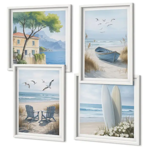 Beach themed multi-piece wall decor set featuring surf boards, a boat, and birds