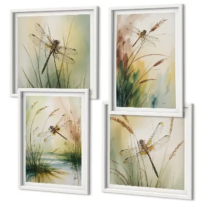 Dragonflies grass and water wall art set of 4 pieces