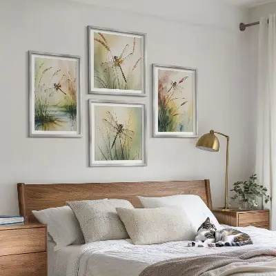 Dragonflies grass and water wall art set of 4 pieces