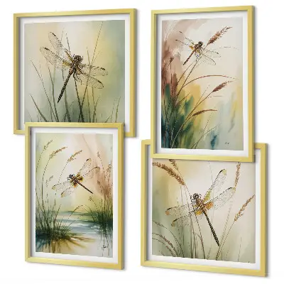 Dragonflies grass and water wall art set of 4 pieces