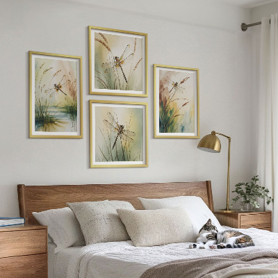 Set of 4 wall art pieces Dragonflies grass water painting