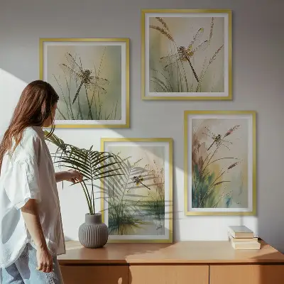 Dragonflies grass and water wall art set of 4 pieces