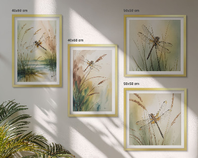 Set of 4 wall art pieces Dragonflies grass water painting