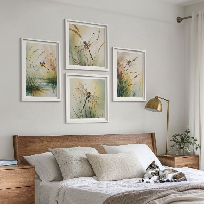 Set of 4 wall art pieces Dragonflies grass water painting