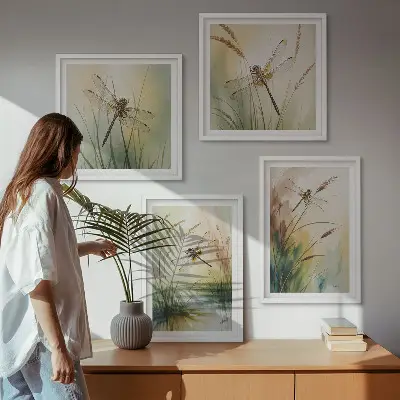 Dragonflies grass and water wall art set of 4 pieces