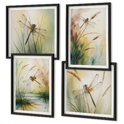 Set of 4 wall art pieces Dragonflies grass water painting
