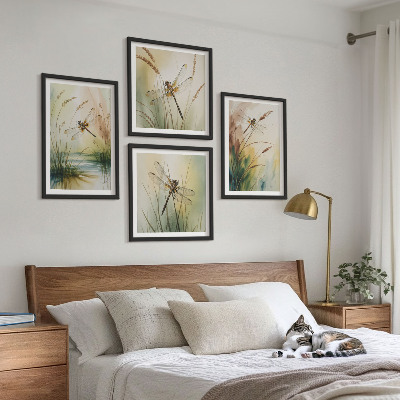 Set of 4 wall art pieces Dragonflies grass water painting