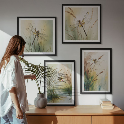 Set of 4 wall art pieces Dragonflies grass water painting