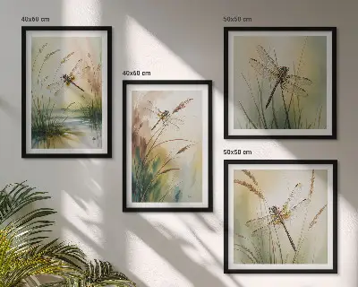 Dragonflies grass and water wall art set of 4 pieces