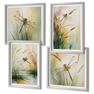 Set of 4 wall art pieces Dragonflies grass water painting